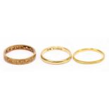 A 9ct yellow gold wedding band, size M, together with a yellow metal wedding band and 9ct gold