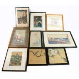 Nine framed and glazed Japanese prints, including four wood block examples, a pair depicting birds