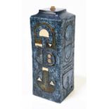 SIMONE KILBURN FOR TROIKA POTTERY; a large column table lamp, with stylised decoration on a blue