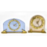 Two Art Deco glass mantel clocks, with gilt metal applied dials and plinth base (2).