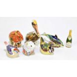 ROYAL CROWN DERBY; six animal form paperweights, including 'Pelican', 'Baby Bottlenose Dolphin',