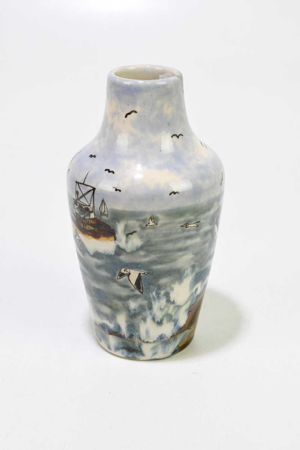 COBRIDGE STONEWARE; a vase with inverted neck decorated with trawlers and seagulls, height 17cm. - Image 4 of 6