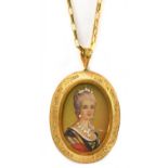An 18ct yellow gold chain and brooch pendant, the oval pendant inset with a miniature of a maiden