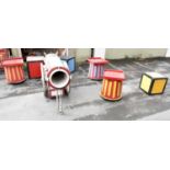 A large full size painted wood and metal circus cannon, comprising cannon and undercarriage,