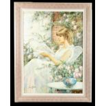 LUCIA SANTA; oil on canvas, maiden seated reading in garden scene, signed, 70 x 49cm, framed.