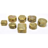 Eight Chinese brass snuff boxes of different size and shape, to include two examples with copper