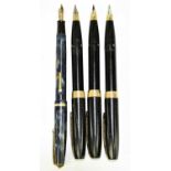 CONWAY STEWART; a vintage bakelite fountain pen with 14ct nib, together with three Sheaffer fountain