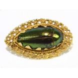 An unusual yellow metal scarab beetle brooch with pierced frame, length approx. 35mm, approx. 4.9g.