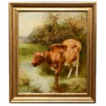 WILLIAM HUGGINS (1820-1884); oil on board, cow watering, signed and dated 1882, 74 x 62cm, framed.