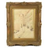 HENRI CASSIERS; a pencil and watercolour sketch, depicting a street scene, signed lower right, 24