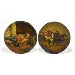 A pair of Russian lacquered papier-mâché dishes, one decorated with a horse and cart, the other with