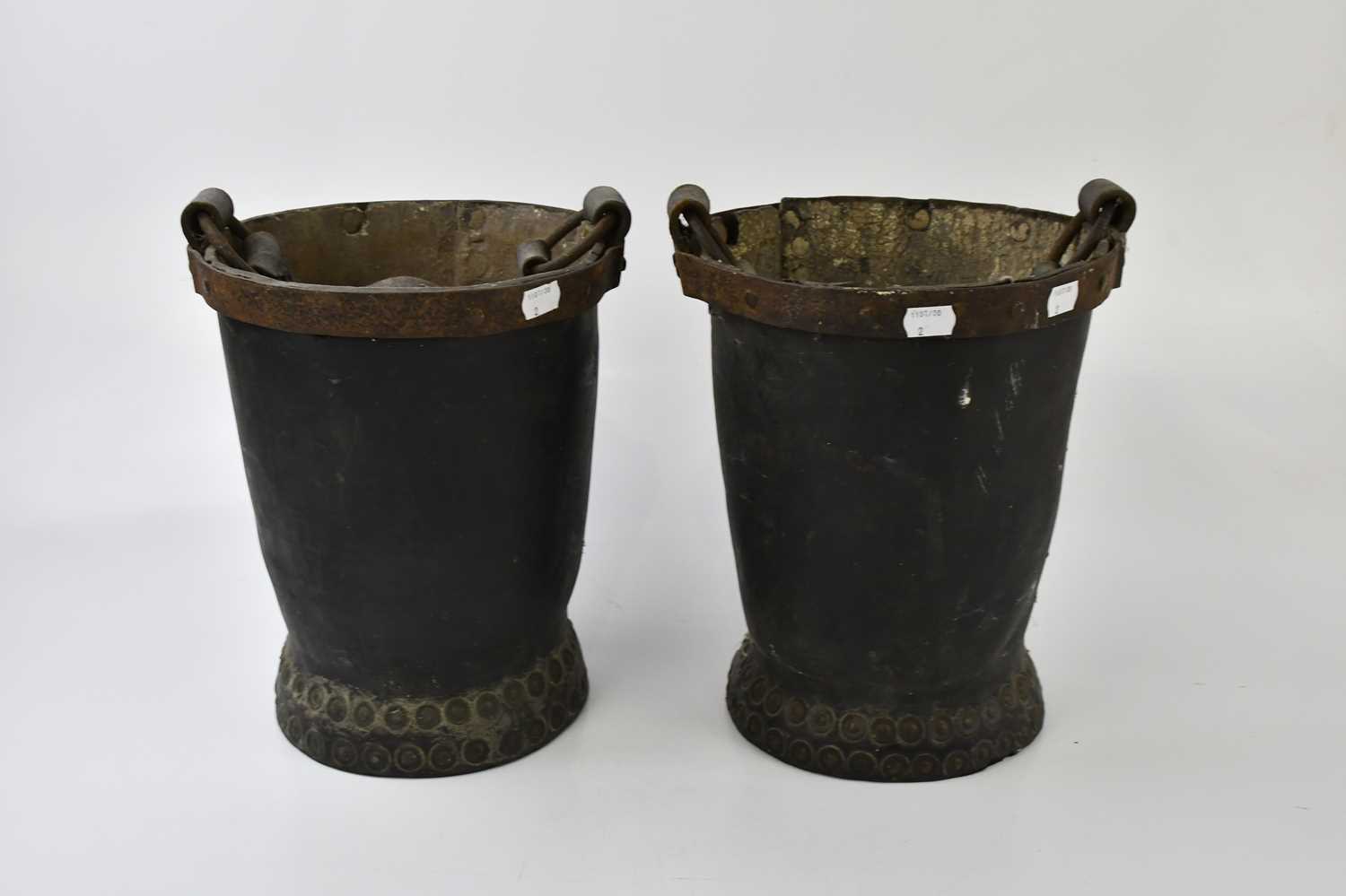 A pair of leather fire buckets, with brass studs, height 31cm. - Image 3 of 5
