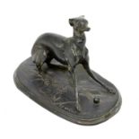 AFTER PIERRE JULES MENE; a bronze model of a dog, on circular base, length 15cm.