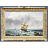 E PONTHIER; oil on canvas, maritime scene, sailing vessels in stormy water, signed, 60 x 90cm,