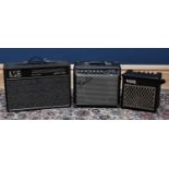 A group of three guitar amplifiers to include Vox DA5, Fender Frontman 15G and an LSE Black Prince.