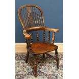 A 19th century beech and ash country Windsor chair, with solid seat, on turned legs, height 107cm.