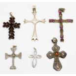 Five silver cross pendants including three gem set examples, length of longest 7cm, gross weight