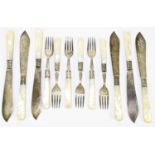 WATSON & GILLOTT; a set of six George V hallmarked silver fish knives and forks with mother of pearl