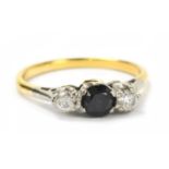 A 9ct gold sapphire and diamond set three stone ring, gross weight 2.5g.