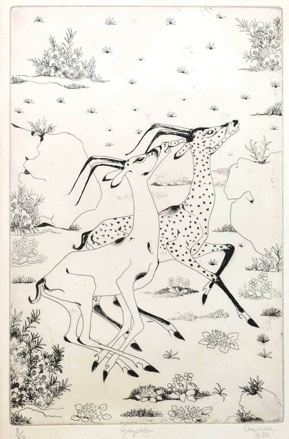 † OROVIDA PISSARO (1893-1968); a limited edition engraving, 'Gazelles', 8/50, signed and dated 1930, - Image 2 of 4