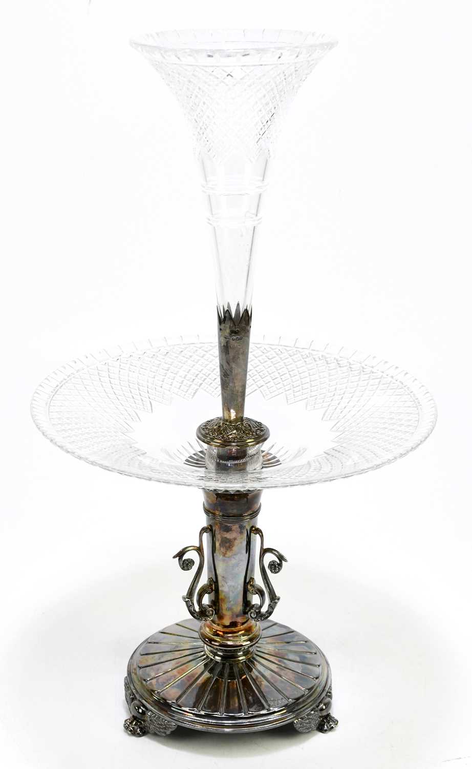 MAPPIN & WEBB; a Victorian hallmarked silver epergne with cut glass flute and dish, terminating on a