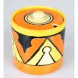 CLARICE CLIFF; a preserve jar and cover decorated in 'Keyhole' pattern, height 7.8cm.Condition