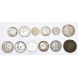 A small group of assorted coins, to include florins, half crown, South African shilling, etc.