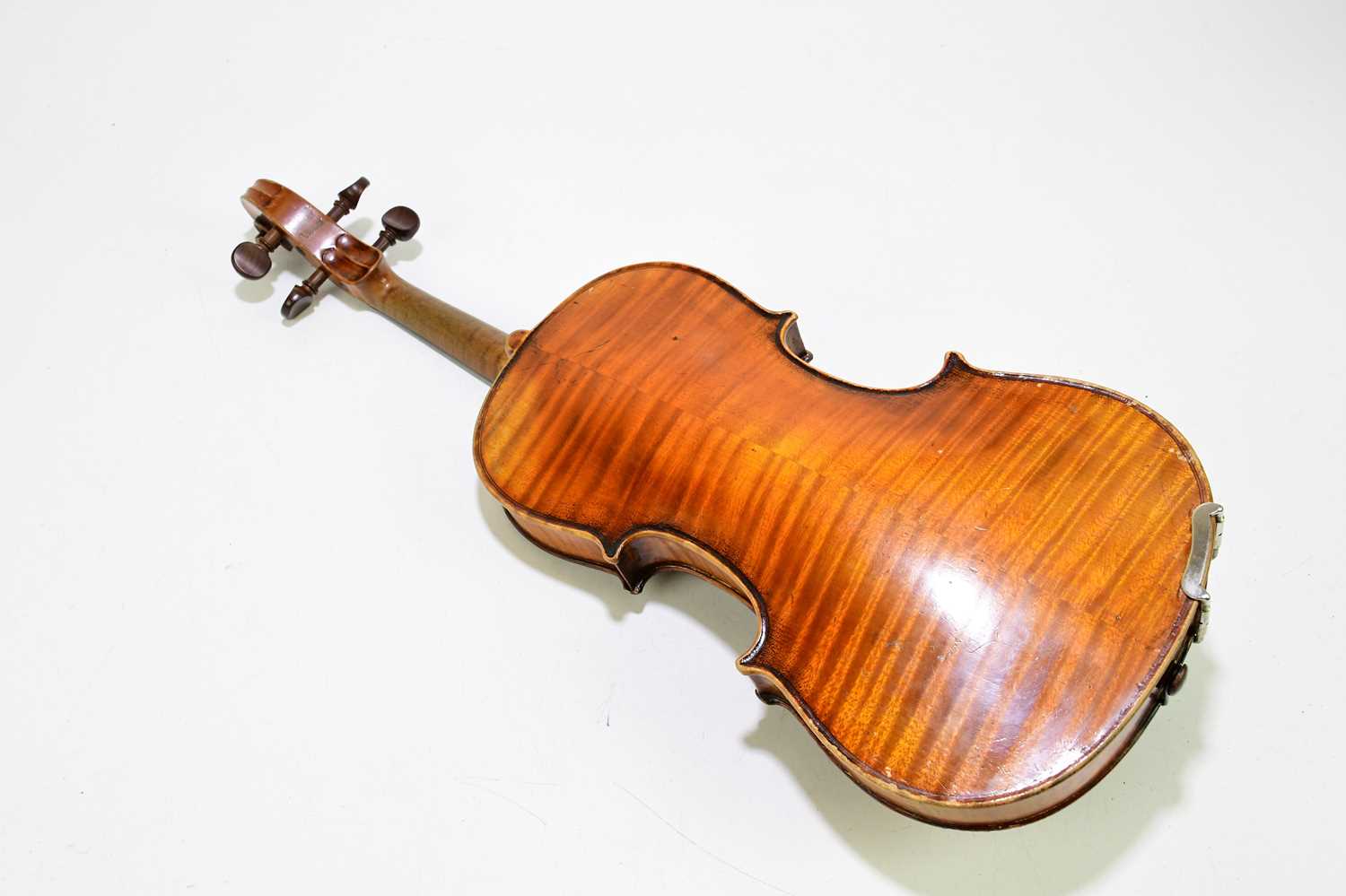 A three quarter size German 'conservatory' violin, Stradivarius copy, with two-piece back, length - Image 7 of 8