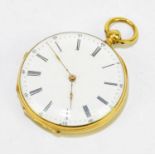 A yellow metal key wind fob watch, the enamel dial set with Arabic and Roman numerals with engine