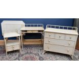 A cream painted faux bamboo bedroom suite, comprising chest with three short and two long drawers,
