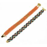 A coral and yellow metal bead bracelet, the clasp stamped '750', length approx. 17cm, and a