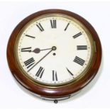 A 19th century mahogany wall clock, the painted tin dial set with Roman numerals, diameter 38cm.