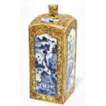 A 19th century 'clobbered' Japanese blue and white porcelain square section vase, decorated with