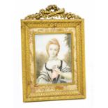 X An Edwardian watercolour on ivory miniature of a maiden in 18th century dress, in a gilt cast