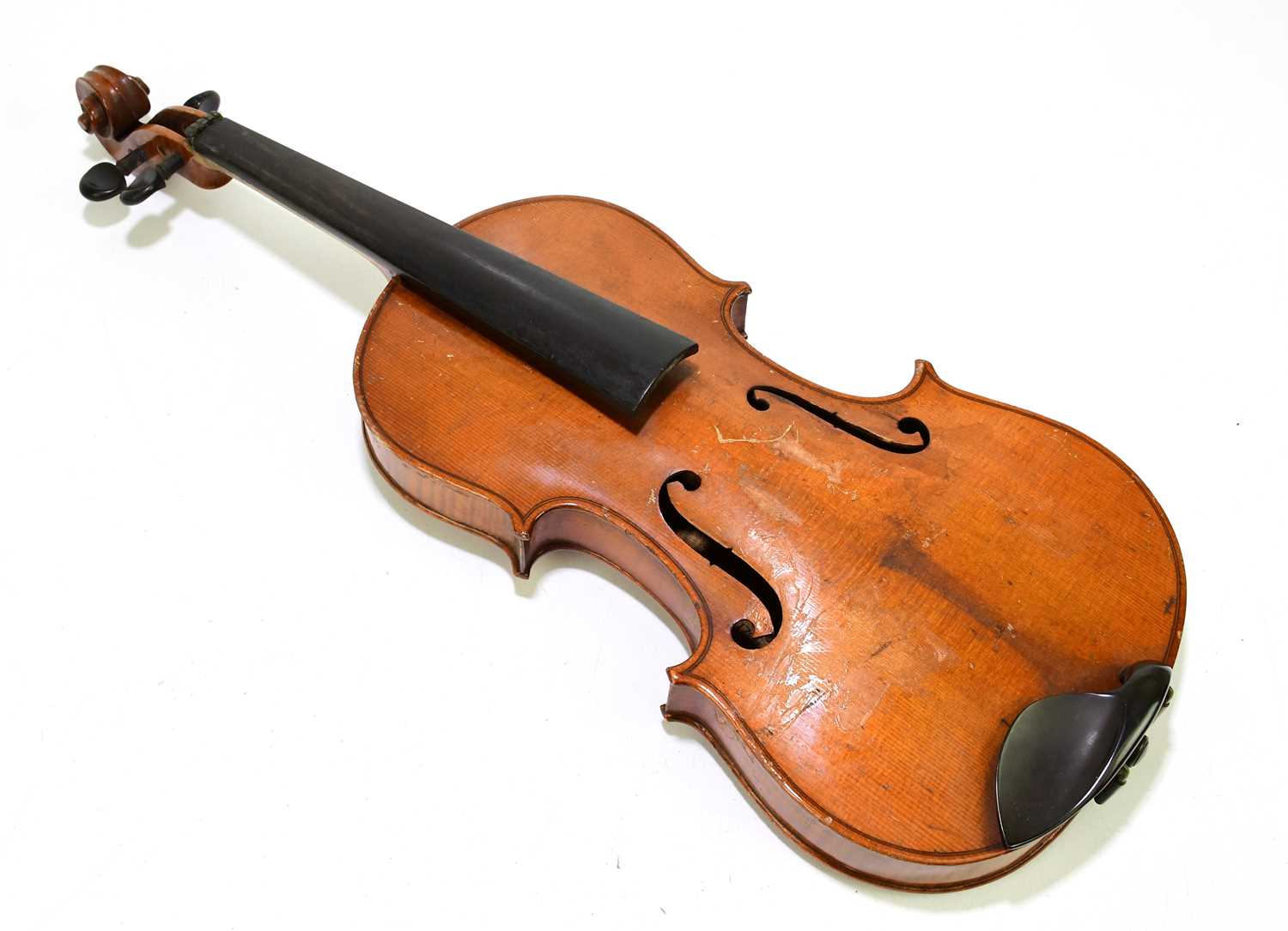 A full size German violin, Stradivarius copy, with two-piece back, length 35.8cm, cased with bow.