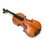A full size German violin, Stradivarius copy, with two-piece back, length 35.8cm, cased with bow.