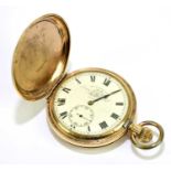 THOMAS RUSSELL & SONS; a gold plated crown wind full hunter pocket watch, the enamel dial set with