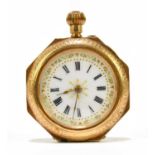 An 18ct yellow gold crown wind fob watch, the case with chased decoration and enamel detail to the