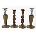 MASONIC INTEREST; a pair of oak and brass candlesticks, with twisted column, together with a further