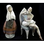 LLADRO; two figures, one depicting a ballerina sitting on a chair and looking in a mirror and the
