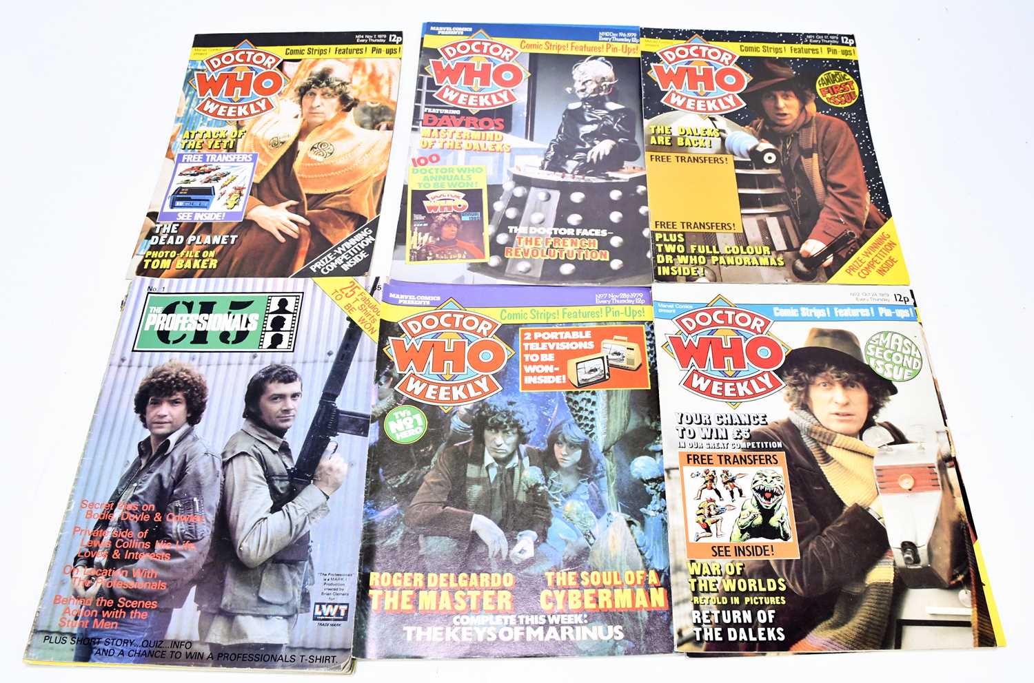 A small selection of assorted nine Dr Who Weekly magazines, and three volumes of The Professionals.