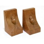 ROBERT 'MOUSEMAN' THOMPSON; a pair of carved oak bookends, each detailed with a mouse, height