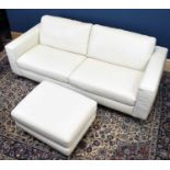 NATUZZI EDITIONS; a modern white leather two-seater settee and matching ottoman, each on chrome