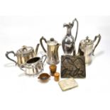 A small group of electroplated items to include a coffee and teapot, together with a mother of pearl