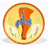 CLARICE CLIFF; a 'Windbells' pattern Fantastique plate, with printed mark in black, diameter 23cm.