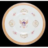 An 18th century Chinese Export porcelain wall charger, hand painted to the centre with the Coat of
