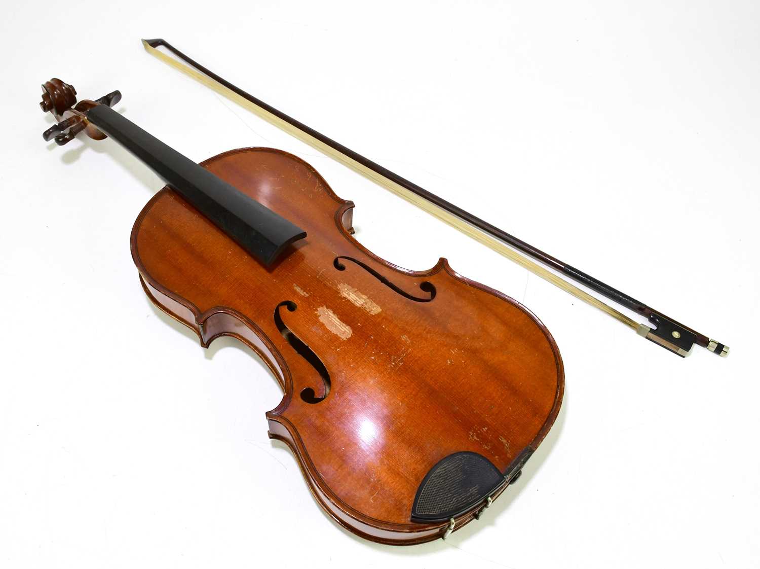 A full size French viola with two-piece back, length 40.5cm, cased with a bow. Condition Report: