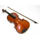 A full size French viola with two-piece back, length 40.5cm, cased with a bow. Condition Report: