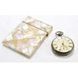 A Victorian mother of pearl card case, 10 x 7.5cm, together with a hallmarked silver key wind open