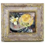 MARY ALLEN; oil on board, still life of a hat, flower and feathers, signed lower left and with label